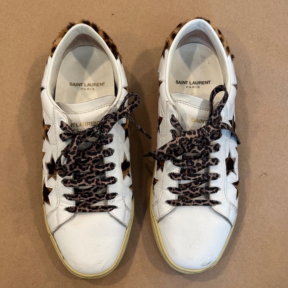 Saint Laurent White and Leopard Print Sneakers